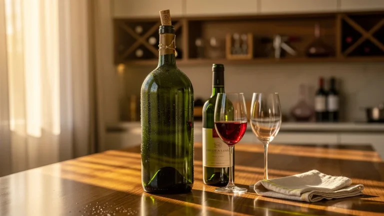 Magnum de vin frais sur un comptoir en bois, éclatant de fraîcheur plus longue que la bouteille standard