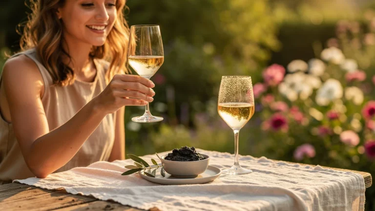 Repas d'été avec tapenade et verre de vin blanc sec sur terrasse ensoleillée, ambiance apéritive raffinée