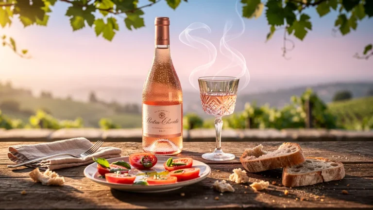 Bouteille de rosé ouverte la veille perd son nez au déjeuner sur une table en terrasse ensoleillée