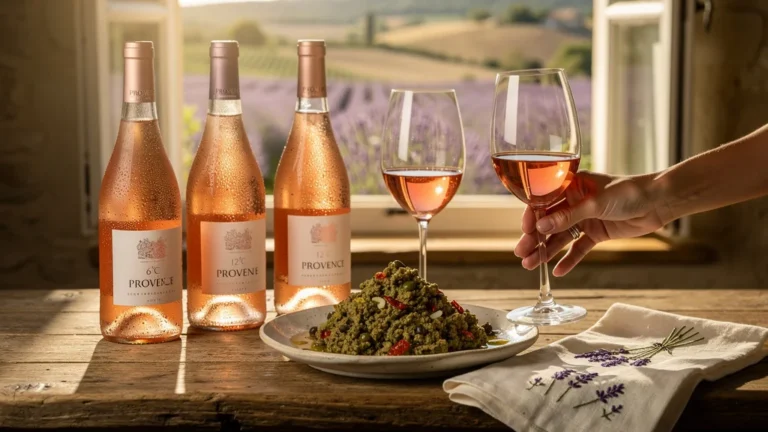 Quatre rosés de Provence dégustés à 6°C et 12°C avec une tapenade en gros plan ultra-réaliste