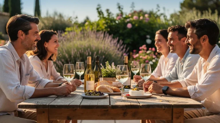 Apéro en Provence avec vins blancs Rolle et Clairette servis à la mauvaise température entre amis