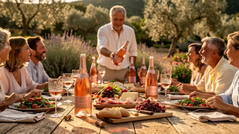 Rosé de Provence en magnum et bouteilles sur une grande table en bois pour un repas festif en plein air