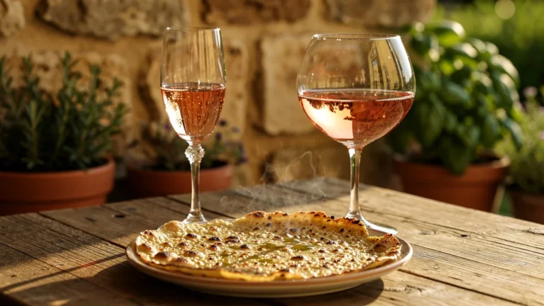 Verres de rosé fin et large servis avec une socca dans un cadre méditerranéen rustique en lumière naturelle