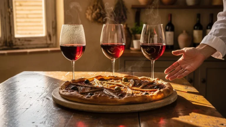 Trois Coteaux d'Aix rouge dégusté à trois températures sur une pissaladière provençale rustique