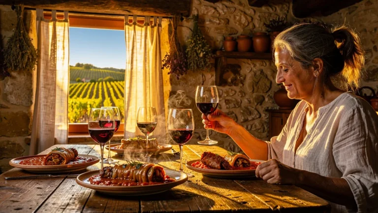 Un déjeuner traditionnel pieds-paquets avec vins rouges des Coteaux varois dans une ambiance rustique authentique