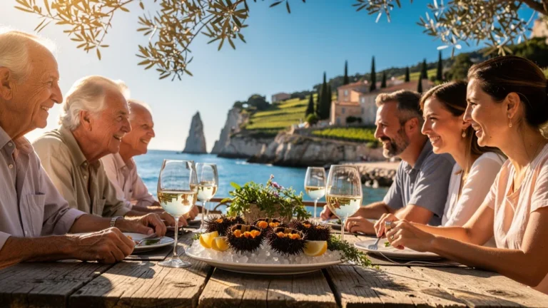 Repas de famille à Cassis avec vin blanc et oursins en bord de mer, ambiance méditerranéenne authentique