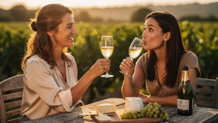 Deux amies dégustent une clairette lumineuse en terrasse, redécouvrant les blancs secs avec plaisir