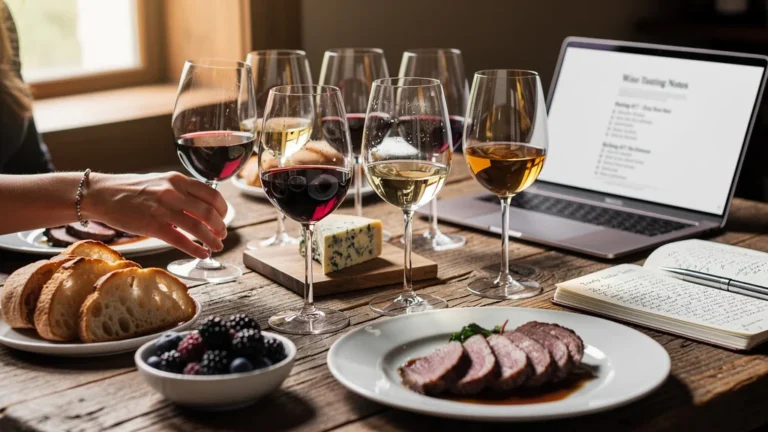 Accord mets vin élégant avec verres de vin et plats gourmets sur table en bois rustique