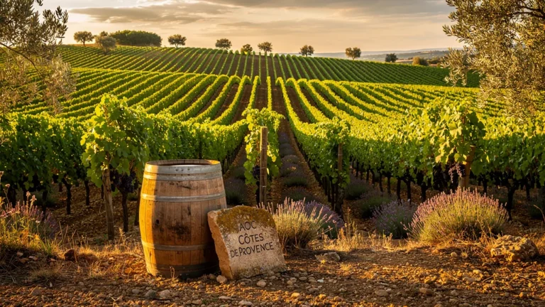 Vignoble AOC Côtes de Provence au coucher de soleil, terroir provençal riche et lumineux en 16:9