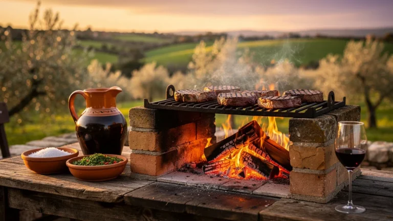 Grill traditionnel assador tipico en plein air avec viande grillée, ambiance rustique et lumière dorée