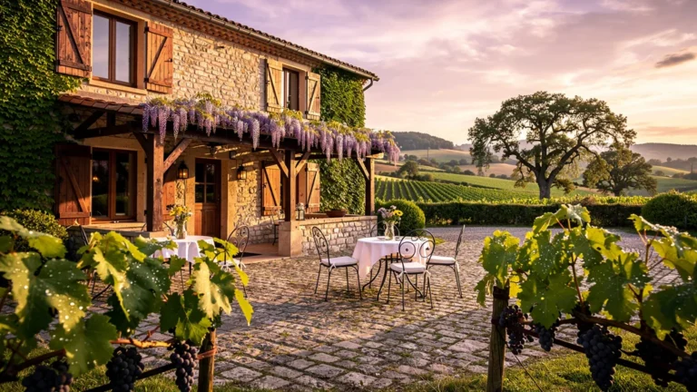 Vue hyper-réaliste de l’auberge de Boisset en Provence au coucher du soleil, cadre champêtre et accueillant