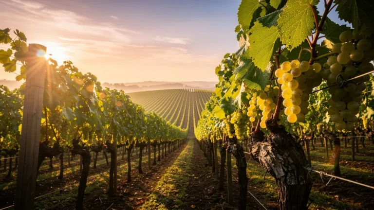 Vignoble ensoleillé de cépage blanc vibrant, lumière dorée et raisins translucides à l’aube, vignoble viticole détaillé