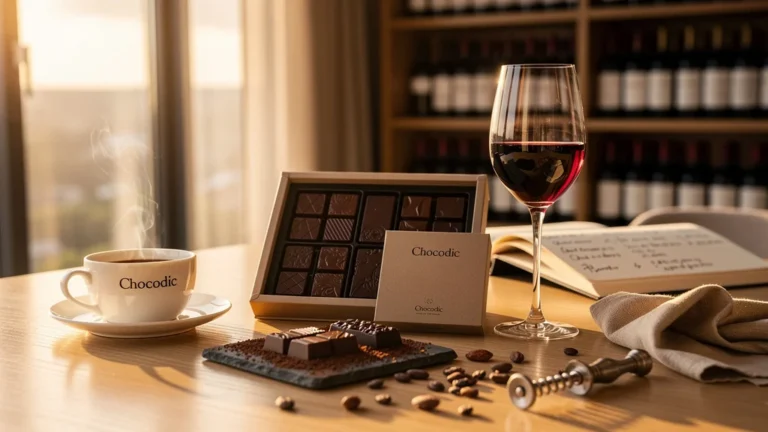 Présentation élégante de chocolats Chocodic et vin pour un avis tranché sur leur rapport qualité-prix