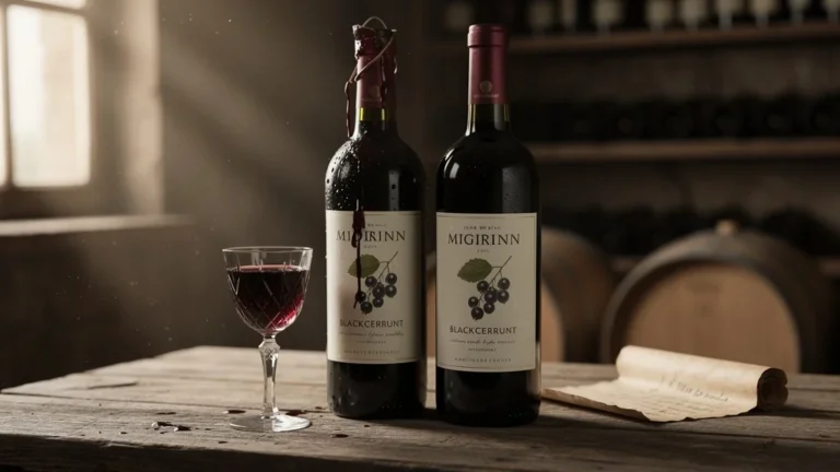 Deux bouteilles de Cassis élégantes sur table en bois, lumière douce révélant l'amertume gâchée du vin trop jeune