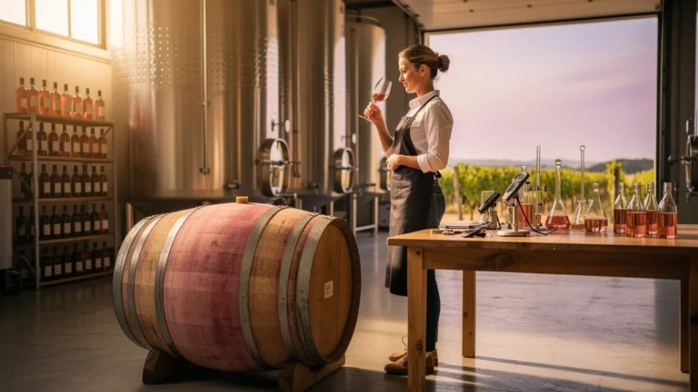Scène hyper-réaliste avant la fabrication rosé avec barriques, cuves et vigneronne en pleine inspection
