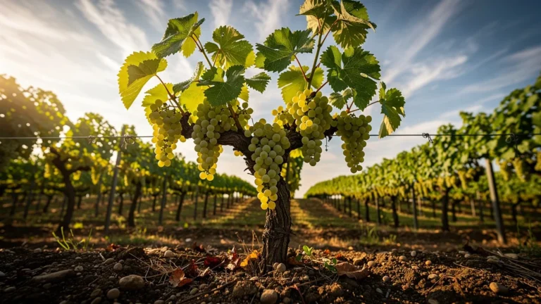Vignoble de Grenache blanc en plein soleil avec grappes vert pâle et feuilles luxuriantes en détail ultra-réaliste