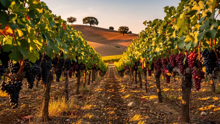 Vignoble de Grenache et Syrah au coucher du soleil avec raisins mûrs et lumière dorée