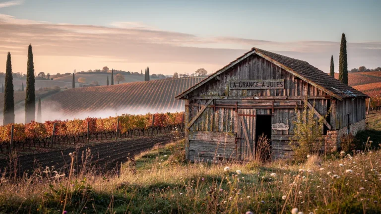La grange à Jules dans la campagne française en automne, ambiance paisible et lumière dorée naturelle