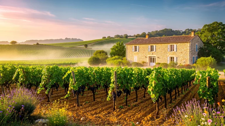 Paysage hyper-réaliste des vignobles de La Palette, appellation méconnue d'Aix-en-Provence au lever du soleil