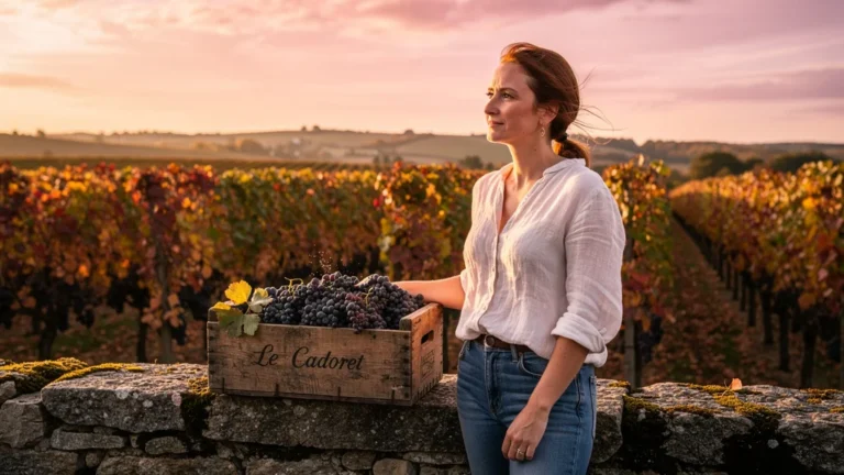 Vignoble Le Cadoret en automne avec vendange et femme rédactrice spécialisée en vin
