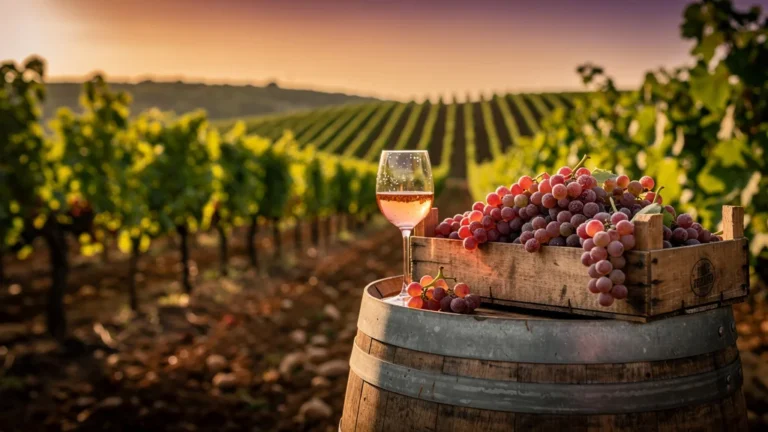 Vignoble au coucher du soleil mettant en valeur le cépage Cinsault vinifié à part avec raisins et verre de vin rosé