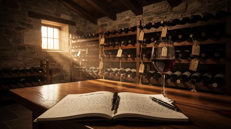 Cave à vin ancienne avec bouteilles de millésimes, lumière dorée, ambiance chaleureuse et textures détaillées