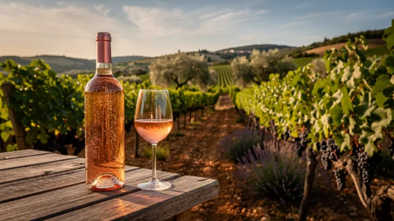 Vignoble en Provence avec bouteille et verre de rosé Tibouren, lumière dorée et ambiance méditerranéenne