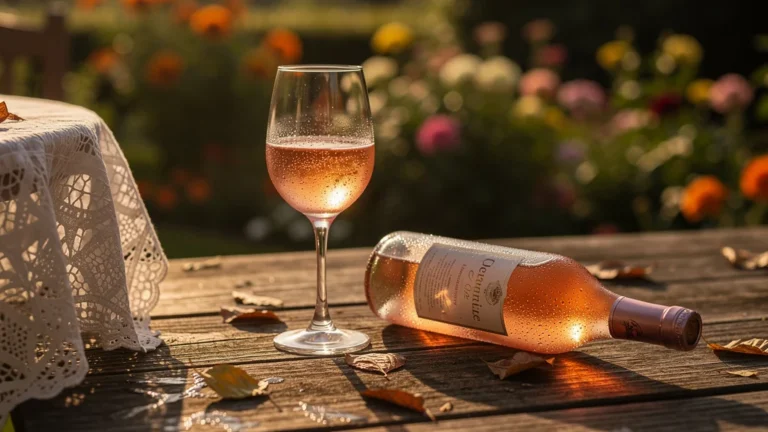 Verre de rosé oublié au soleil sur terrasse en bois, ambiance apéro de famille raté sous lumière dorée