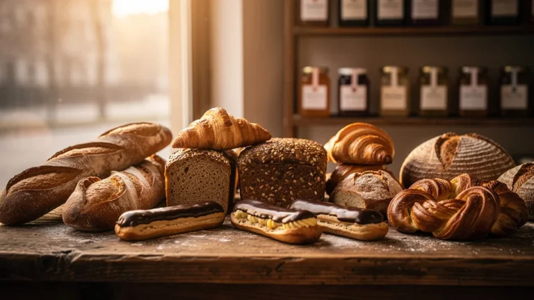 Photographie réaliste de pains et gourmandises artisanales sur une table en bois chaleureux