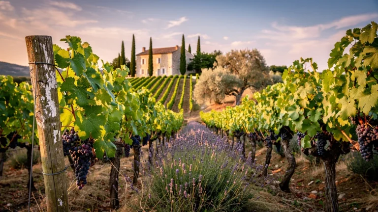 Vignoble de Counoise en Provence au coucher de soleil, cépage méconnu aux raisins pourpres mûrs
