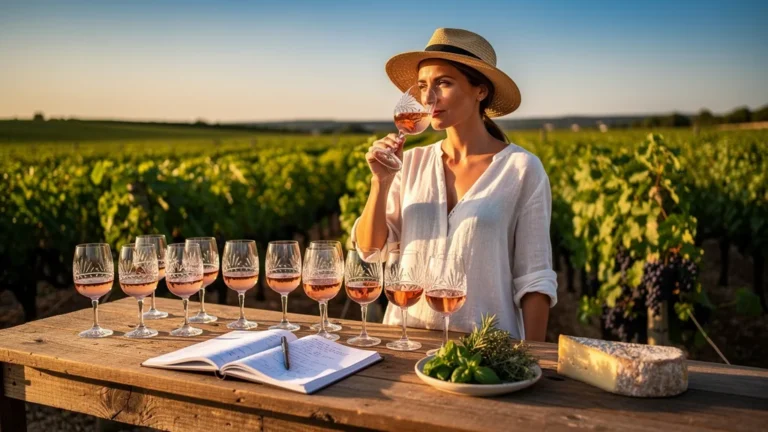 Vignoble en Provence avec dégustation de rosé, analyse des saveurs en lumière dorée