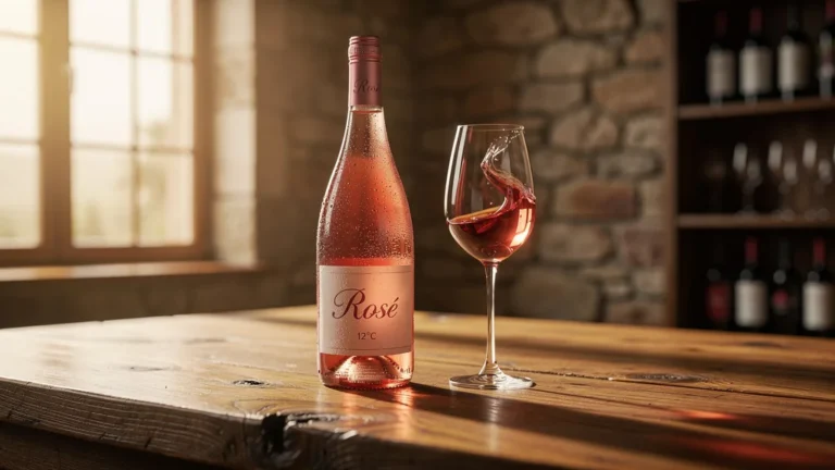 Bouteille et verre de rosé servi à 12°C sur une table en bois dans une ambiance chaleureuse et élégante