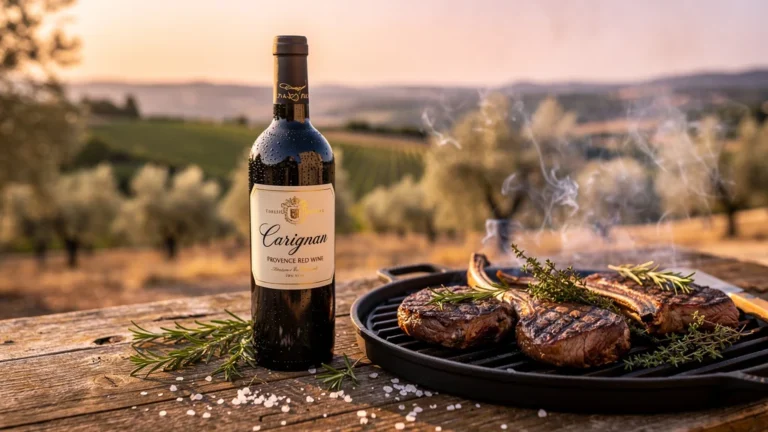 Bouteille de Carignan de Provence élégante sur grillades rustiques en plein air au coucher du soleil