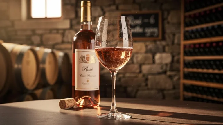 Photo hyper-réaliste d’un verre de vin rosé en conservation avec bouteille et cave en arrière-plan