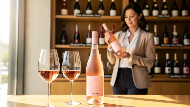 Dégustation raffinée de vin rosé sans alcool dans un bar à vin moderne et lumineux