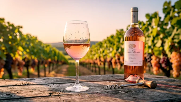 Verre de vin rosé sucré posé sur une table en bois dans un vignoble ensoleillé au coucher du soleil